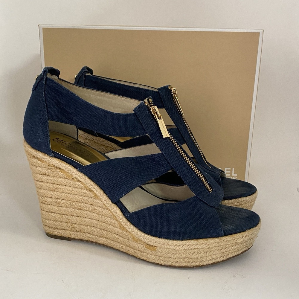 Michael Kors Womens Sz 9 Berkley Sandal Blue Wedge Platform Espadrille Zip Up